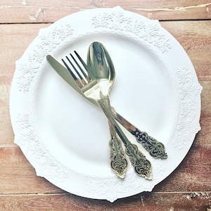 24CT Disposable Abbey Cutlery Collection. Plastic Wedding Forks, Spoons, Knives Trio 8/8/8. Silver or Gold Cutlery.