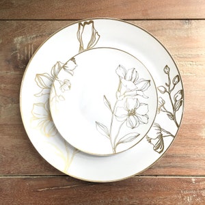 Disposable Modern White and Brushed Champagne Gold Party Plates. Minimalist Disposable Wedding Party Plates. Eden Collection.