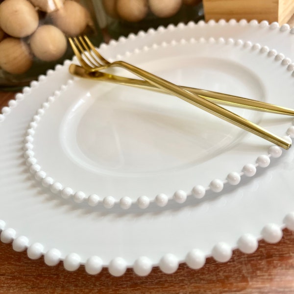 Pearl Collection. White and Clear with Silver or Gold  Disposable Wedding Dinnerware Sets.