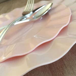 Disposable Pink Wedding Plates. Disposable China. Blush Pink Party Plates. Mod Ruffle Collection in Rose Quartz.