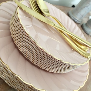 Modern Vintage Scalloped Collection. Blush or Ivory with Gold. Disposable Party Plates. Wedding Table Decor.  Sets for 10.