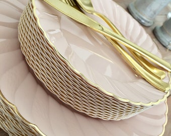Modern Vintage Scalloped Collection. Blush or Ivory with Gold. Disposable Party Plates. Wedding Table Decor.  Sets for 10.