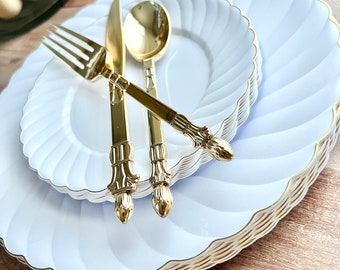 Modern Minimal Gold Rim Collection. White and Gold Disposable Wedding Party Plates.  Sets for 10.