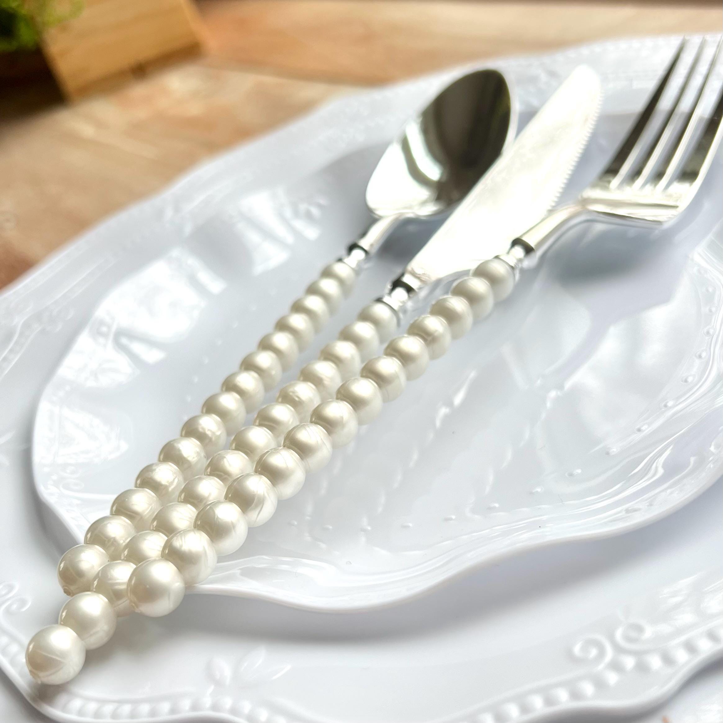 Pearl Metallics Cutlery Collection. 10 Forks, 10 Spoons, 10 Knives Set. Silver or Gold Disposable Plastic Wedding Utensils.