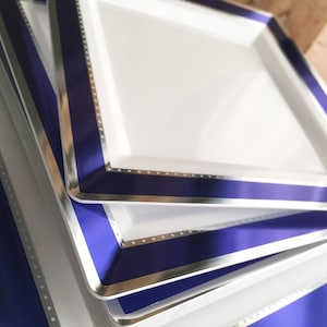 The Crown Jewels Collection.  Modern Sapphire Rimmed Plates. Disposable Wedding Plates. Blue and Silver Disposable Party Plates.*