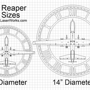 K&ouml;nnte beinhalten: Strichzeichnung von zwei MQ-9 Reaper-Uhren, eine mit 25,4 cm Durchmesser und die andere mit 35,6 cm Durchmesser, mit r&ouml;mischen Zifferblatt. Der Text "MQ-9 Reaper Clock Sizes" und "WhiteRabbitLaserWorks.com" sind ebenfalls sichtbar.