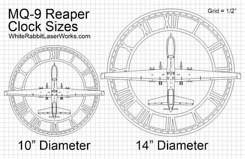 K&ouml;nnte beinhalten: Strichzeichnung von zwei MQ-9 Reaper-Uhren, eine mit 25,4 cm Durchmesser und die andere mit 35,6 cm Durchmesser, mit r&ouml;mischen Zifferblatt. Der Text "MQ-9 Reaper Clock Sizes" und "WhiteRabbitLaserWorks.com" sind ebenfalls sichtbar.