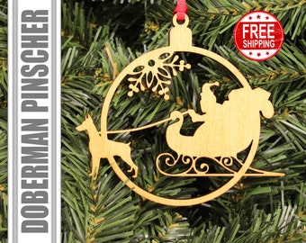 Doberman Pinscher dog pulling Santa Christmas Ornament, Dog Lover Gift, Wooden Ornament