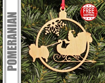 Pomeranian dog pulling Santa Christmas Ornament, Dog Lover Gift, Wooden Ornament