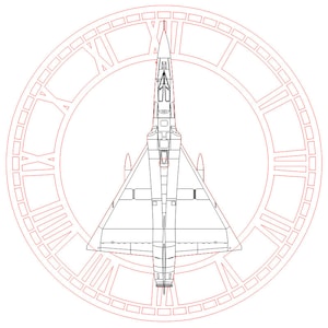 May include: A black and white line drawing of a fighter jet, viewed from above, superimposed on a clock face with Roman numerals.