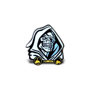 May include: A white enamel pin with a black outline of a hooded skull with a blue and white gradient inside the hood. The pin has two gold metal clasps.