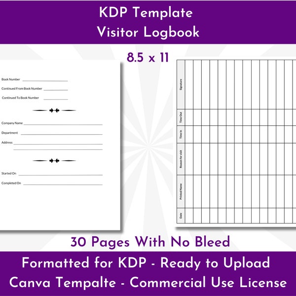 Approved KDP Visitor Logbook Template | 30 Page PDF | Canva Template | Digital Download | 8.5x11 | KDP Upload Ready | Commercial License