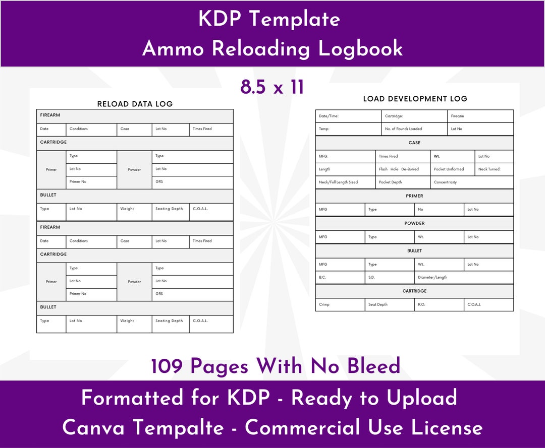 Approved KDP Ammo Reloading Logbook Template | 109 Page PDF | Canva ...