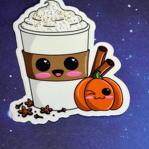 Sticker en vinyle Pumpkin Spice Latte - Die cut, sticker pour ordinateur portable, automne, automne, Kawaii, mignon, PSL, Latte épicé, boisson, café