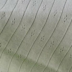 May include: Close-up of a light green knitted fabric with a textured pattern. The fabric has a subtle sheen and a soft, drapey feel.