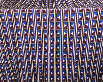May include: A fabric featuring a repeating geometric pattern of vertical stripes alternating with rows of semicircles. The design incorporates a color palette of deep purple, bright blue, white, and thin black lines on a smooth, reflective surface.