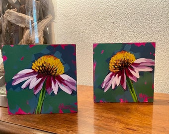 2- Cone Flower Original Acrylic Painting 5x5” Set of 2