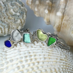 Beach / sea glass rings, handmade in recycled sterling silver