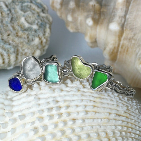 Sterling Silver Pale Green Seaham Sea Glass Stacking Ring No.6 (Size P)