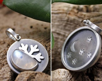 Moon pendant with rainbow moonstone and snowflake / crescent moon with stars, double sided pendant, handmade in sterling silver