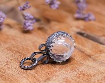 Rustic &#39;Full moon&#39; / &#39;Pool of light&#39; pendant with quartz crystal sphere, handcrafted in sterling silver