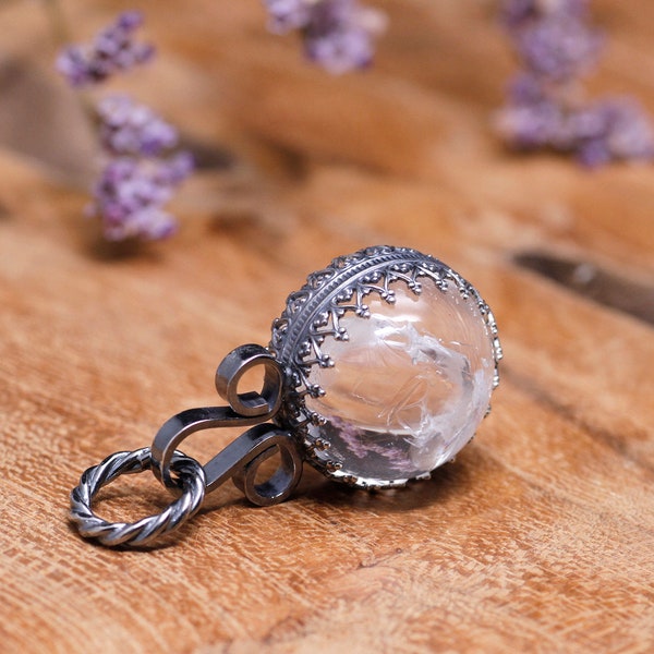 Rustic 'Full moon' / 'Pool of light' pendant with quartz crystal sphere, handcrafted in sterling silver