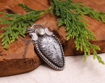 Dendrite opal pendant with moonstone and crescent moons, handmade in sterling