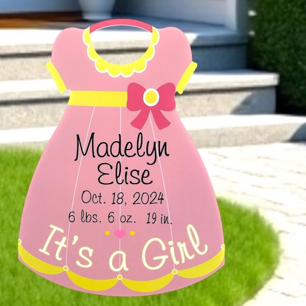 It's a Girl Yard Sign Newborn Welcome Home Baby Girl Outdoor Decor Sign New Baby Lawn Decor Birth Stats Pink Dress Custom Baby Shower Gift