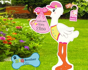 Welcome New Baby Yard Stork & Sibling Sign, Custom Name Its a Girl Boy Personalized Lawn Birth Announcement, Newborn Arrival Card, 4 ft tall