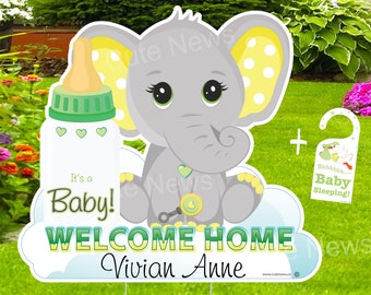 It's a Boy / Girl Yard Decoration, Welcome Home Baby Lawn Sign, Personalized Elephant Newborn Decor, Outdoor Birth Announcement Stork Banner