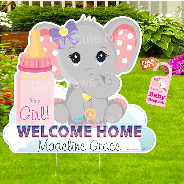 Welcome Home New Baby, Elephant Yard Sign, Its a Girl / Boy Lawn Art, Newborn Decoration, Personalized Birth Arrival Announcement Stork Card