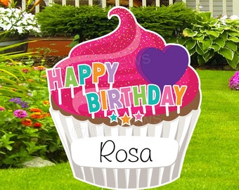 Personalized Happy Birthday Cupcake Yard Sign: Outdoor Party Lawn Decor - Gift for Her or Him