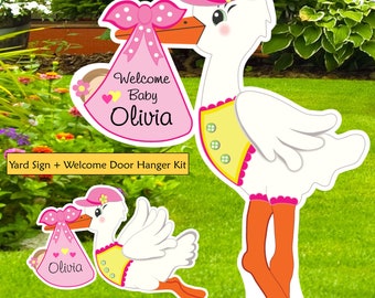 Welcome Home Baby Stork Sign Personalized Baby Announcement Stork It’s a Girl Banner Birth Arrival Its a Boy Sign Outdoor Newborn Decor Kit