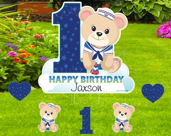 Happy 1st Birthday Yard Sign: Nautical Sailor Bear Lawn Art, Personalized Decoration Card, First Birthday Boy, Girl Banner with Stakes, Gift