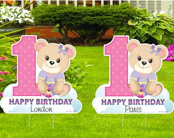 Happy 1st Birthday Decorations, Twin Yard Signs, Personalized Teddy Bears, Outdoor Lawn Banner, First Birthday Party Decor, Gifts for Girls