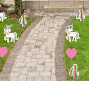 Unicorn Happy Birthday Banner, Outdoor Yard Decorations, Custom Age Party Decor Signs, Set of 12 Front Lawn Cards with Stakes, Gift for Girl