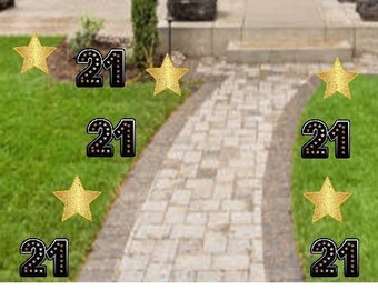 Happy 21st Birthday Banner, 21 Party Decoration Yard Signs, Number 18 and Gold Star Lawn Cards, Decor Greeting Art, 18th Gift for Her or Him