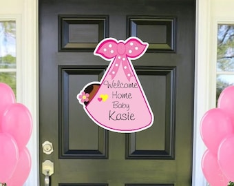 African American Baby Door Decoration, Welcome Home It's a Girl Stork Bundle Sign, Personalized Newborn Birth, Custom Shower Announcement