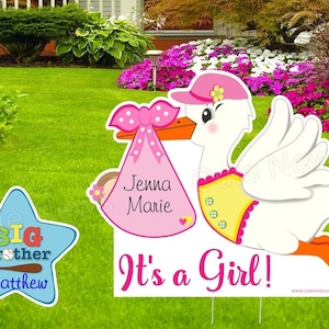 Welcome Home Baby Announcement, Its a Girl/Boy Stork Yard Sign Personalized New Birth Arrival Announcement, Newborn/Sibling Card Shower Gift