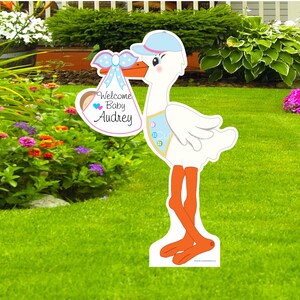 Op de afbeelding: Een witte ooievaar die een blauwe en roze baby-zak houdt met de tekst "Welcome Baby Audrey". De ooievaar draagt ​​een blauwe muts en een blauwe en witte luier.