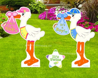 Twin Baby Yard Stork Sign Decoration, Birth Announcement Lawn Art, Outdoor Banner, Welcome Home Newborn, Boy / Girl Arrival, Gifts for Twins