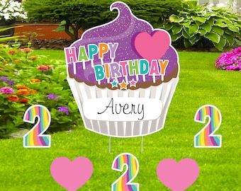 2nd Birthday Lawn Decoration, 2 Year Birthday Gift for Girls, Happy Second Birthday Cupcake, Personalized Two Decor, Outdoor Party Yard Sign