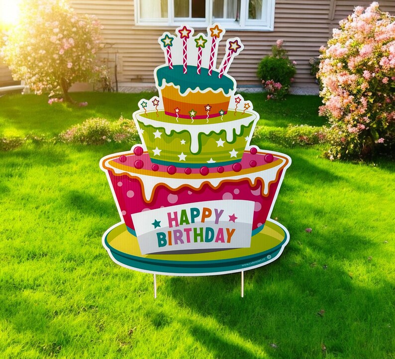 Happy Birthday Yard Sign Personalized Cake Sign Outdoor Birthday Decoration Idea Cake Lawn Art Birthday Banner Decor Custom Gift for Her Him PInk Cake