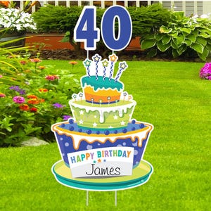 Happy Birthday Yard Sign Personalized Cake Sign Outdoor Birthday Decoration Idea Cake Lawn Art Birthday Banner Decor Custom Gift for Her Him Blue Cake (Name&Age)