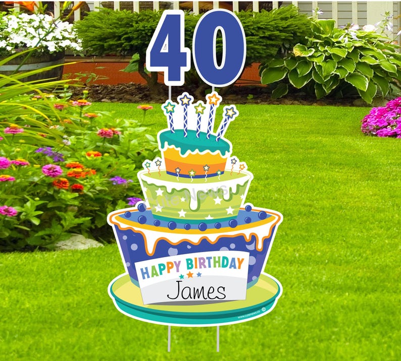 Happy Birthday Yard Sign Personalized Cake Sign Outdoor Birthday Decoration Idea Cake Lawn Art Birthday Banner Decor Custom Gift for Her Him Blue Cake (Name&Age)