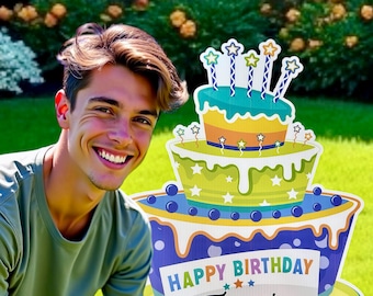Happy Birthday Yard Sign,  Cake Lawn Art, Personalized Outdoor Party Decoration, Celebration Card, Garden Banner, Custom Gift for Him or Her
