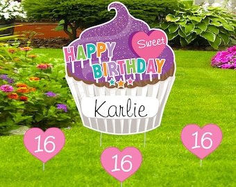 Happy Sweet 16 Birthday Yard Sign: Personalized Cupcake Outdoor Lawn Art, Party Decoration Kit - Custom Gift for Her, Him