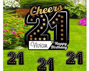 Happy 21st Birthday Yard Cards, Cheers to 21 Lawn Art Decoration, Outdoor Party Decor, Banner with Stakes, Personalized Gifts for Her / Him