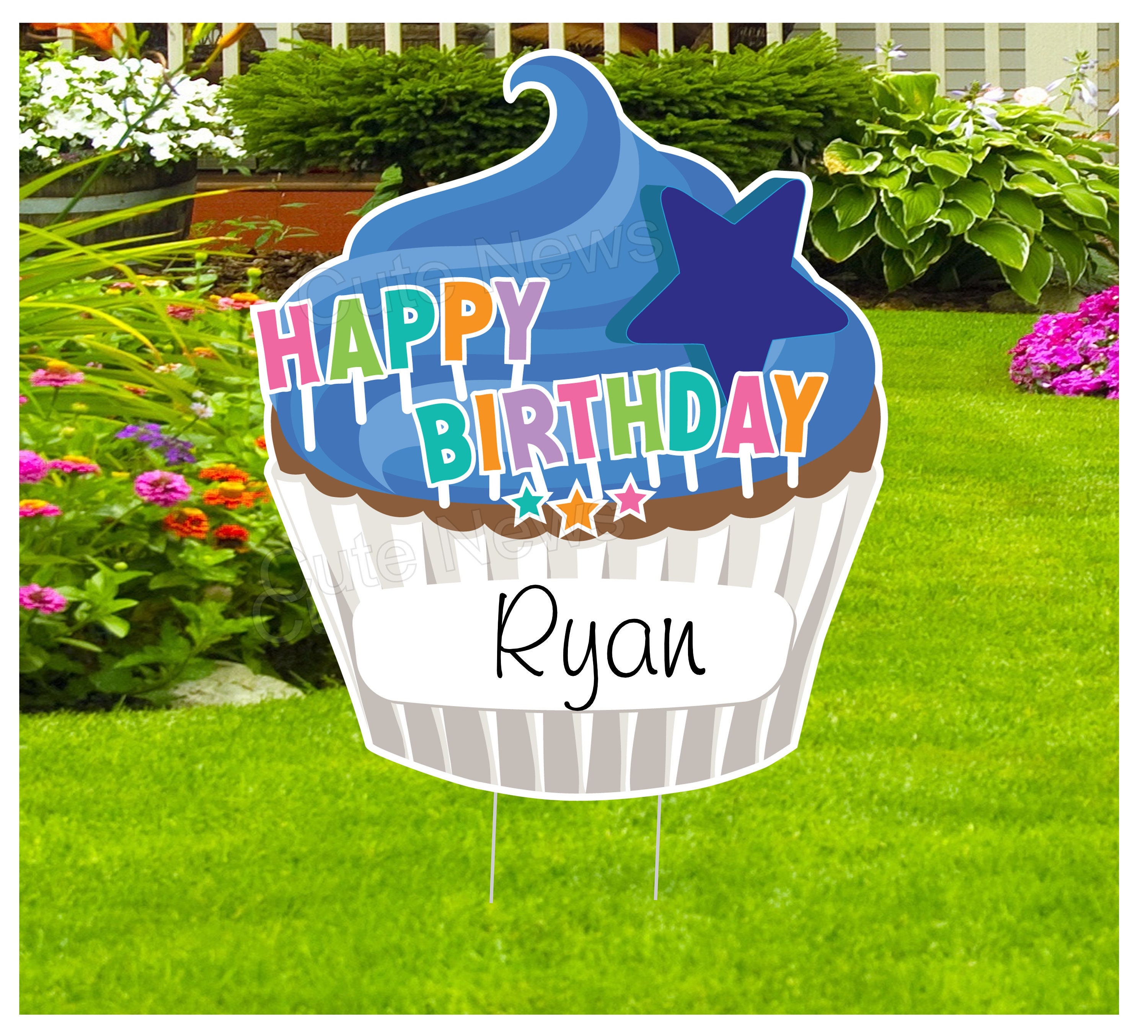 Happy Birthday Personalized Cupcake Yard Sign Art - Custom Name