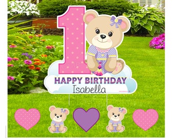 Happy 1st Birthday Decoration, Teddy Bear Yard Sign, One Year Celebration Lawn Art, Outdoor Party Decor, Personalized Gift for Girl / Boy